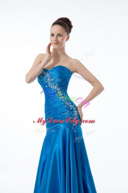 Dramatic Beading and Ruching Formal Dresses Blue Zipper Sleeveless Floor Length