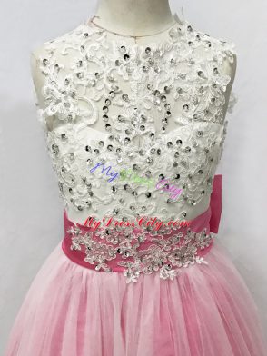 Pink And White Lace Up Scoop Beading and Lace and Bowknot Flower Girl Dresses Tulle Sleeveless