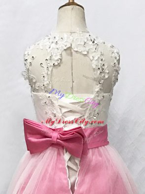 Pink And White Lace Up Scoop Beading and Lace and Bowknot Flower Girl Dresses Tulle Sleeveless