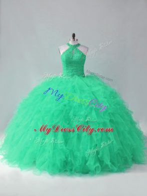 Superior Halter Top Sleeveless Tulle 15 Quinceanera Dress Beading and Ruffles Lace Up