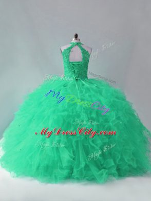 Superior Halter Top Sleeveless Tulle 15 Quinceanera Dress Beading and Ruffles Lace Up