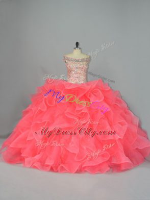 Enchanting Watermelon Red 15th Birthday Dress Off The Shoulder Sleeveless Lace Up