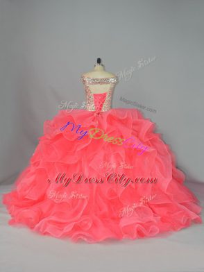 Enchanting Watermelon Red 15th Birthday Dress Off The Shoulder Sleeveless Lace Up