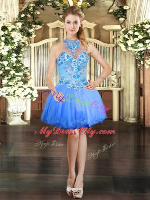 Blue Halter Top Neckline Embroidery Sweet 16 Dress Sleeveless Lace Up