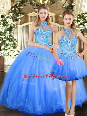 Blue Halter Top Neckline Embroidery Sweet 16 Dress Sleeveless Lace Up