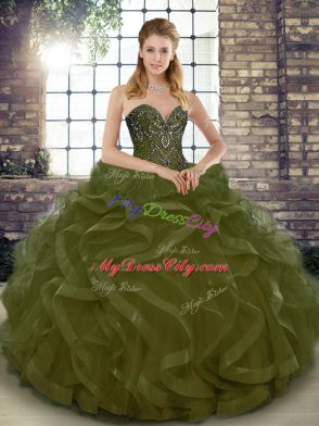 Fancy Floor Length Olive Green Quinceanera Gown Sweetheart Sleeveless Lace Up