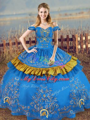 Simple Blue Sleeveless Embroidery Floor Length Quinceanera Dresses