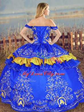 Simple Blue Sleeveless Embroidery Floor Length Quinceanera Dresses