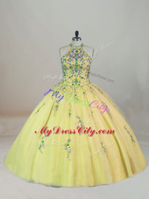 Chic Yellow Lace Up Halter Top Appliques and Embroidery Quinceanera Gowns Tulle Sleeveless Brush Train