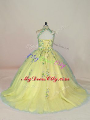 Chic Yellow Lace Up Halter Top Appliques and Embroidery Quinceanera Gowns Tulle Sleeveless Brush Train