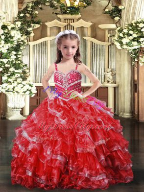 Sleeveless Floor Length Beading Lace Up Kids Formal Wear with Red