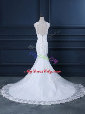 Enchanting White Wedding Gown Scoop Sleeveless Brush Train Backless