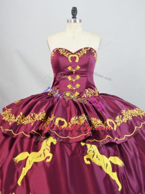 Embroidery and Ruffled Layers Quince Ball Gowns Burgundy Lace Up Sleeveless Brush Train