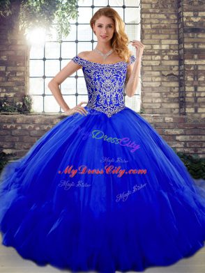 Royal Blue Sleeveless Beading and Ruffles Floor Length Ball Gown Prom Dress