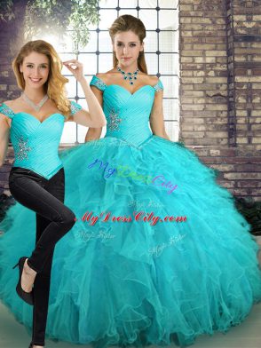 Amazing Aqua Blue Two Pieces Beading and Ruffles Ball Gown Prom Dress Lace Up Tulle Sleeveless Floor Length