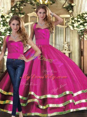 Fuchsia Two Pieces Tulle Halter Top Sleeveless Ruffled Layers Floor Length Lace Up Ball Gown Prom Dress