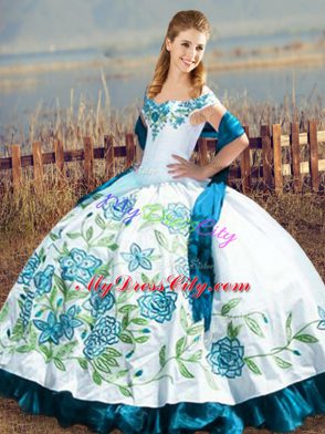 Exquisite Blue And White Off The Shoulder Lace Up Embroidery and Ruffles Quinceanera Gowns Sleeveless