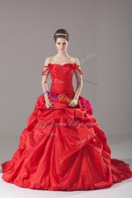 Red Vestidos de Quinceanera Off The Shoulder Sleeveless Brush Train Lace Up