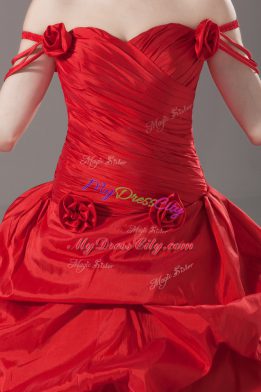 Red Vestidos de Quinceanera Off The Shoulder Sleeveless Brush Train Lace Up