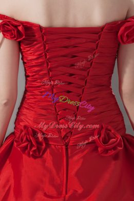 Red Vestidos de Quinceanera Off The Shoulder Sleeveless Brush Train Lace Up