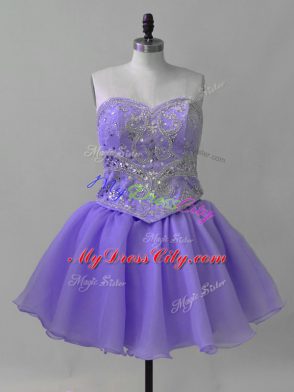 Fantastic Lavender A-line Beading Prom Evening Gown Lace Up Organza Sleeveless Mini Length