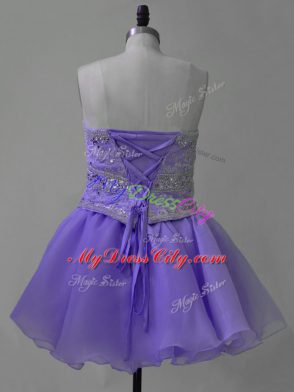 Fantastic Lavender A-line Beading Prom Evening Gown Lace Up Organza Sleeveless Mini Length