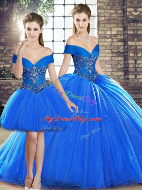 Royal Blue Off The Shoulder Lace Up Beading Ball Gown Prom Dress Brush Train Sleeveless