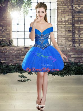 Royal Blue Off The Shoulder Lace Up Beading Ball Gown Prom Dress Brush Train Sleeveless