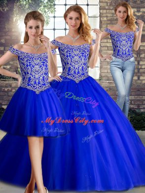 Custom Design Sleeveless Beading Lace Up 15th Birthday Dress with Royal Blue Brush Train