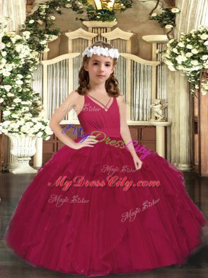 Burgundy Tulle Zipper V-neck Sleeveless Floor Length Little Girls Pageant Dress Ruffles and Ruching