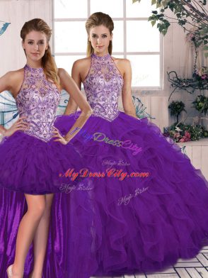 Sleeveless Floor Length Beading and Ruffles Lace Up Quince Ball Gowns with Purple