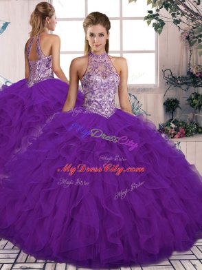 Sleeveless Floor Length Beading and Ruffles Lace Up Quince Ball Gowns with Purple