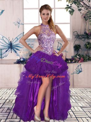 Sleeveless Floor Length Beading and Ruffles Lace Up Quince Ball Gowns with Purple