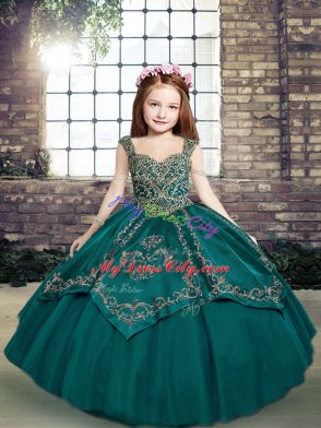 Custom Design Teal Straps Lace Up Beading and Embroidery Little Girls Pageant Dress Sleeveless