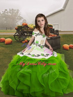 High Quality Green Straps Lace Up Embroidery and Ruffles Little Girls Pageant Dress Wholesale Sleeveless