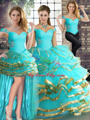 Floor Length Three Pieces Sleeveless Aqua Blue Vestidos de Quinceanera Lace Up