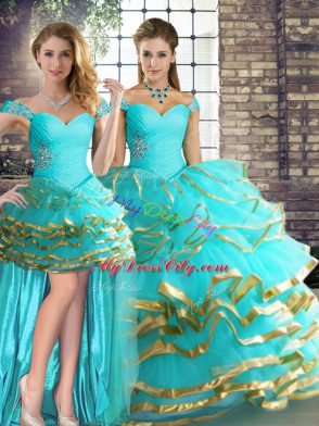 Floor Length Three Pieces Sleeveless Aqua Blue Vestidos de Quinceanera Lace Up