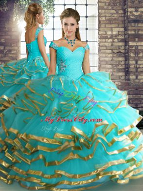 Floor Length Three Pieces Sleeveless Aqua Blue Vestidos de Quinceanera Lace Up