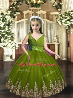 Olive Green Sleeveless Floor Length Embroidery Backless Pageant Gowns For Girls