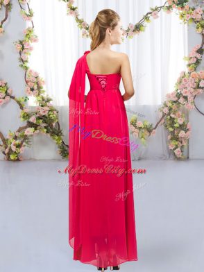 Sweet Red Empire Chiffon One Shoulder Sleeveless Beading and Hand Made Flower Floor Length Lace Up Vestidos de Damas