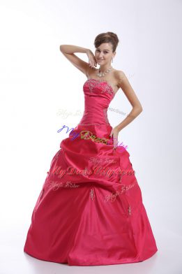 Sweetheart Sleeveless Quinceanera Gown Floor Length Appliques Hot Pink Taffeta