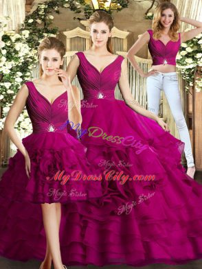 Dynamic Fuchsia 15 Quinceanera Dress Military Ball and Sweet 16 and Quinceanera with Beading and Ruffles V-neck Sleeveless Backless