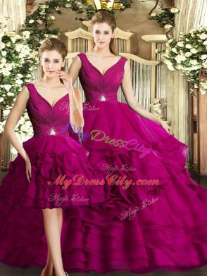 Dynamic Fuchsia 15 Quinceanera Dress Military Ball and Sweet 16 and Quinceanera with Beading and Ruffles V-neck Sleeveless Backless