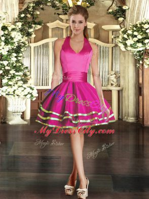 Fantastic Halter Top Sleeveless Lace Up Dress for Prom Fuchsia Tulle