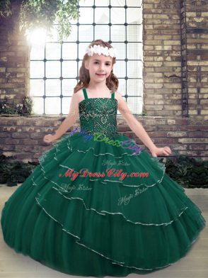 Custom Design Straps Sleeveless Lace Up Child Pageant Dress Peacock Green Lace