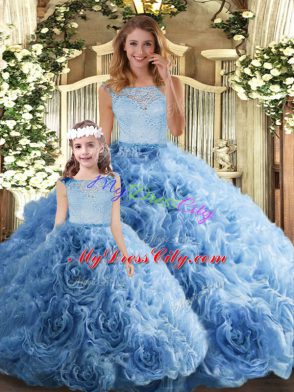 Stunning Baby Blue Sleeveless Fabric With Rolling Flowers Zipper Quinceanera Dresses for Military Ball and Sweet 16 and Quinceanera