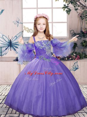 Sweet Lavender Lace Up Little Girls Pageant Gowns Beading Sleeveless Floor Length