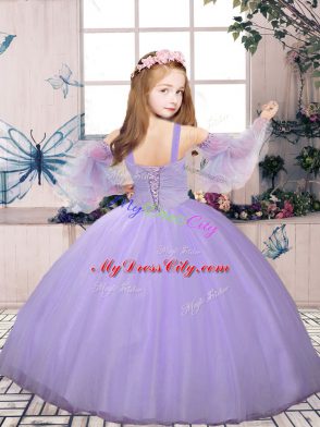 Sweet Lavender Lace Up Little Girls Pageant Gowns Beading Sleeveless Floor Length