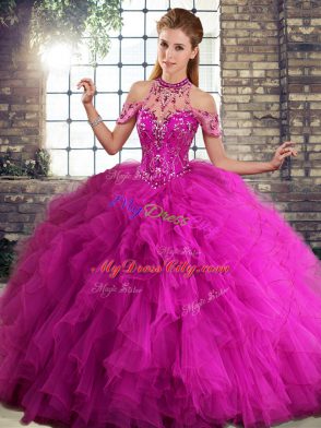 Fuchsia Tulle Lace Up Halter Top Sleeveless Floor Length Quinceanera Gown Beading and Ruffles