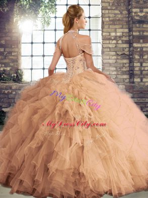 Fuchsia Tulle Lace Up Halter Top Sleeveless Floor Length Quinceanera Gown Beading and Ruffles